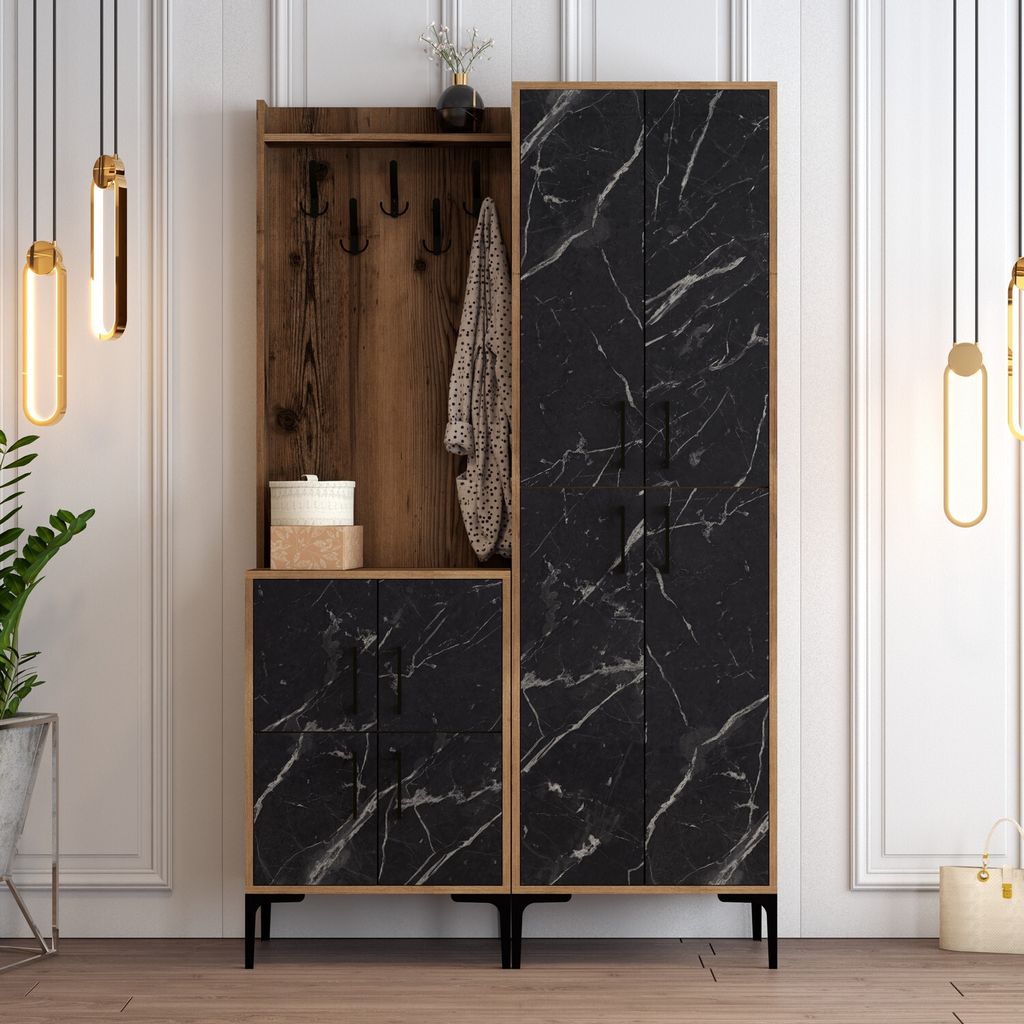 Skye Decor, Berlin BA - Walnut, Black Marble, Hallenstand, Nussbaum, 100 % MELAMINBESCHICHTETE SPANPLATTEN, 120 x 35 x 200 cm