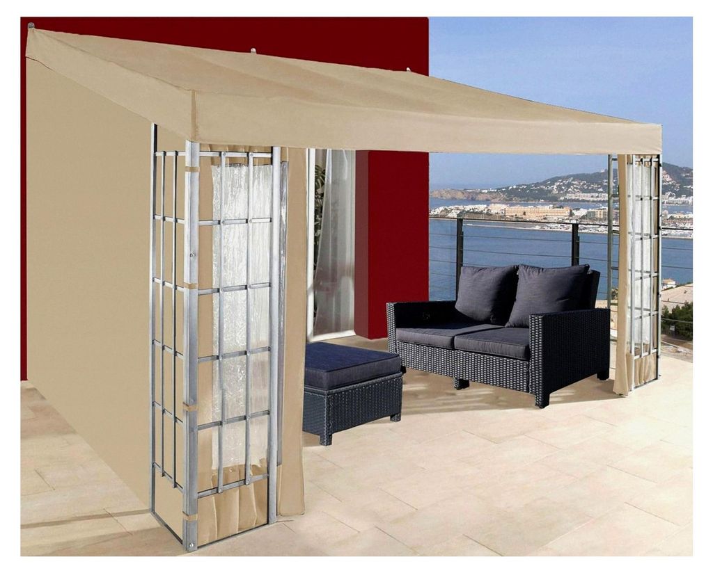 Anbaupavillon 3x4m Sand mit 3 Seitenteilen und Terrassendach