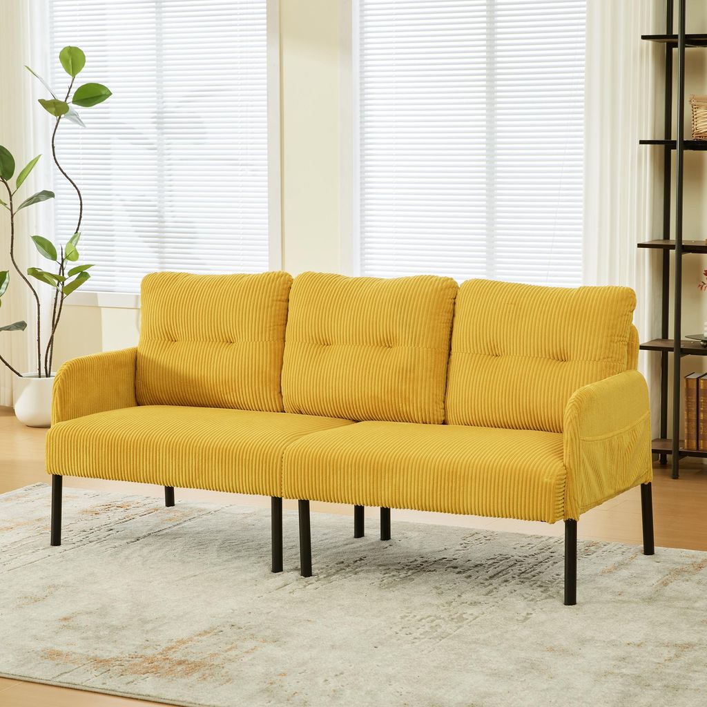 MODFU Sofa Cord Drei-Sitzer,Loungesofa mit hoher Rückenlehne und praktischen Seitentaschen,Stabile Metallfüße,Cord,Gelb