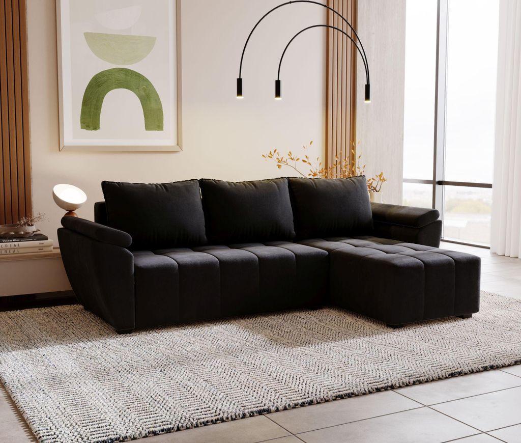 BEDANTE Ecksofa ZEUS L Monolith 97 Rechts Schwarz mit Schlaffunktion L-Form Sofa mit Stauraum Bettkasten Wohnzimmersofa Couch Sofa Bettsofa Bettkas...