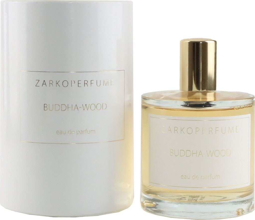 A bottle of ZarkoPerfume Buddha-Wood Eau de Parfum and its cylindrical packaging are displayed against a white background.