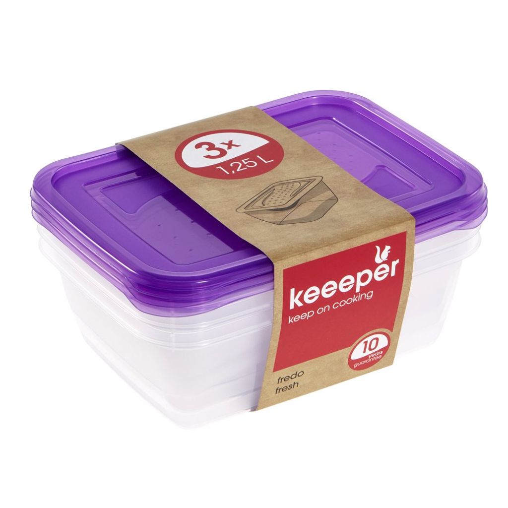 A set of three clear plastic food storage containers with purple lids, stacked and presented on a white background. A brown paper band wraps around the containers, featuring product information and branding.