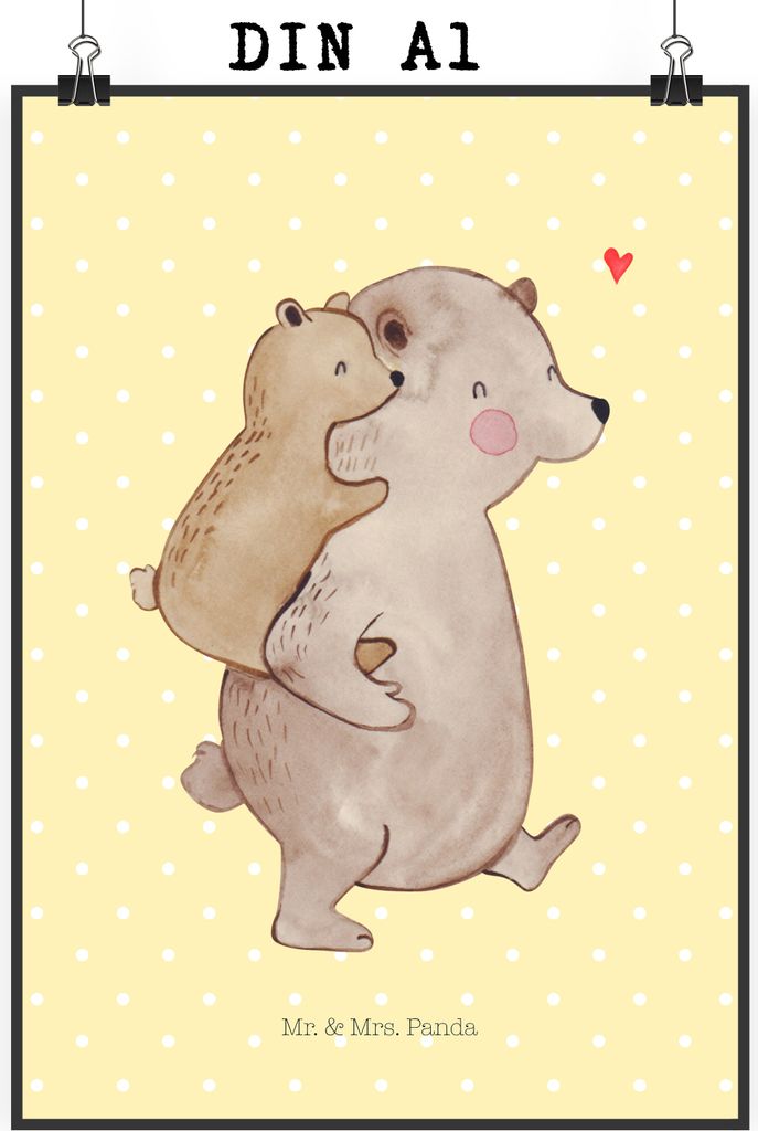 Mr. & Mrs. Panda Bild Papa Bär DIN A1 - Gelb Pastell - Geschenk, Geburtstag, wanddeko, Plakat, drucke, Wandbild, Vatertag, kunstdruck poster, Mutt...