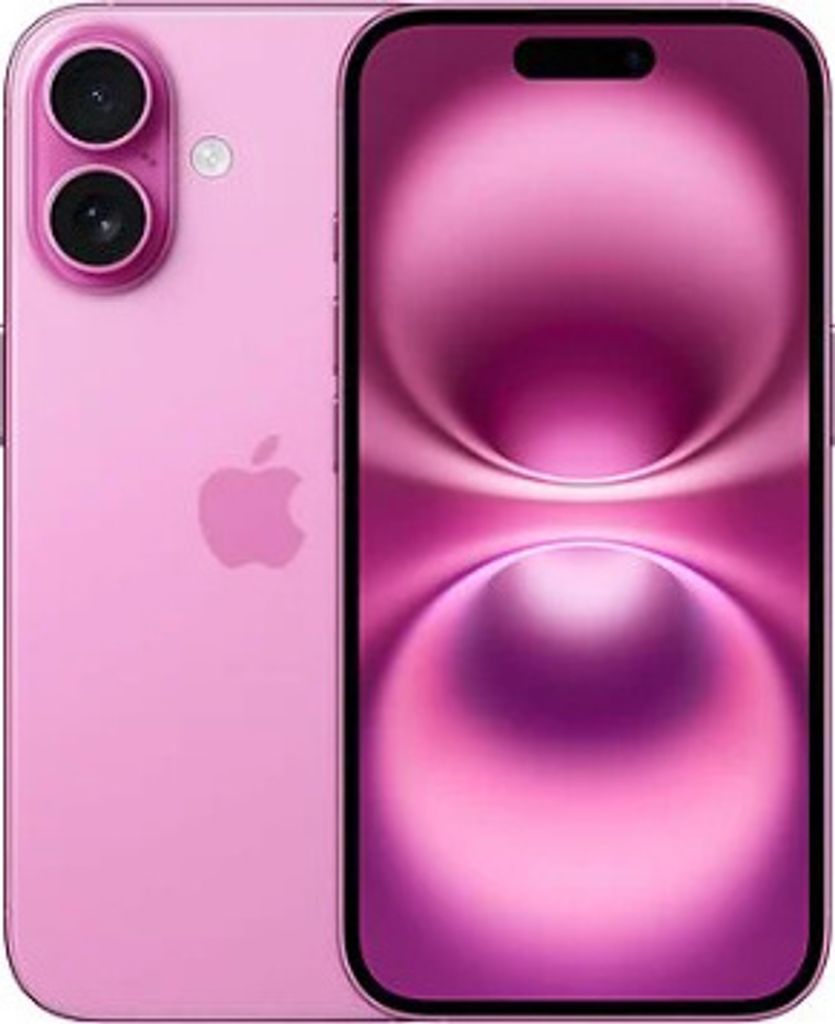 A pink iPhone 16 with its screen displaying a pink gradient.
