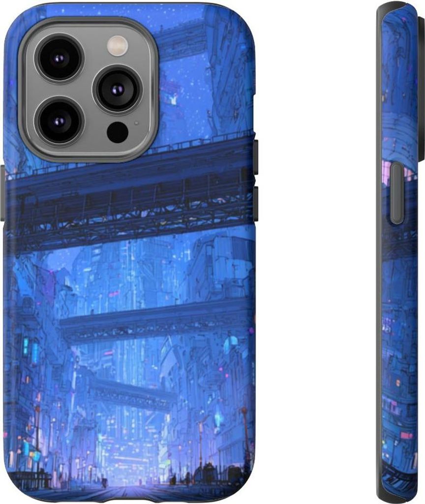 Futuristische blaue Großstadt – Hülle Kompatibel mit iPhone 14 Pro
