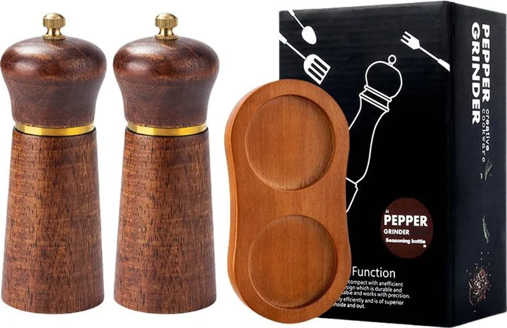 INF Set di 2 macinapepe in legno di quercia color retrò da 14,5 cm con base
