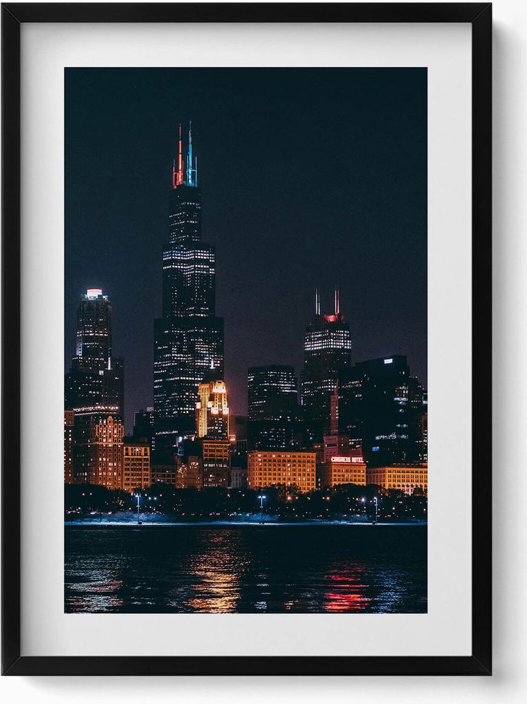 Stadtbild von Chicago– Wandbild mit Rahmen – Gerahmtes Bild – Wanddekoration – 50x70 cm – Schwarz Rahmen