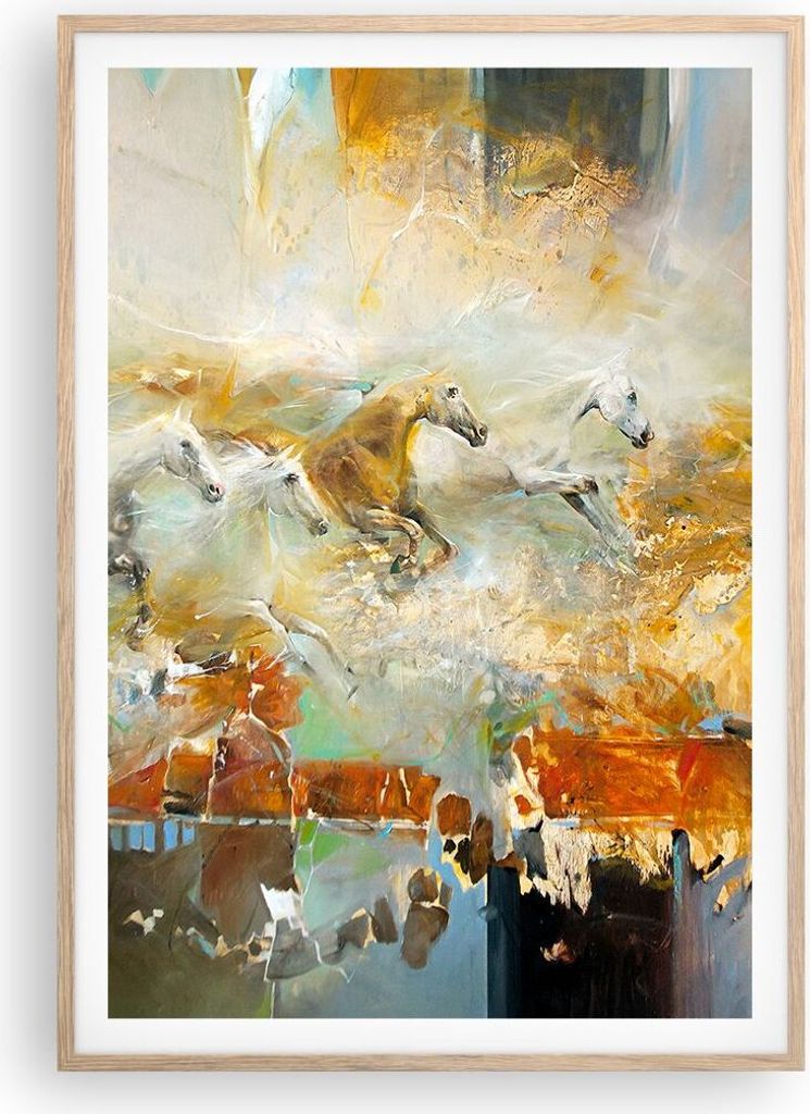 Gerahmtes Poster - Rahmen in heller Eiche - Pferde Galopp Modern - 70x100 cm - Wand Bild - Wanddeko - Wandbilder - Kunstposter - Wandposter - Bilde...