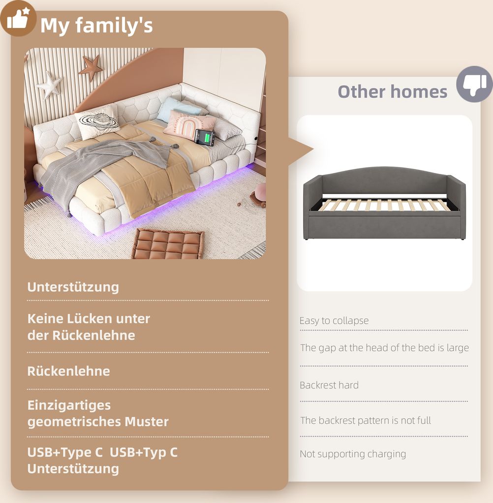okwish Tagesbett Schlafsofa 90x200cm mit LED und Produktbild 5