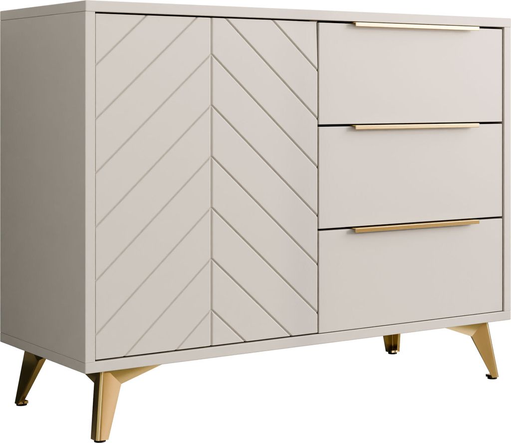 MIRJAN24 Kombikommode Xylix 1D3SZ 100, Kommode mit eins Drehtüren und drei Schubladen, Gold Metallfüße (Farbe: Sandbeige)