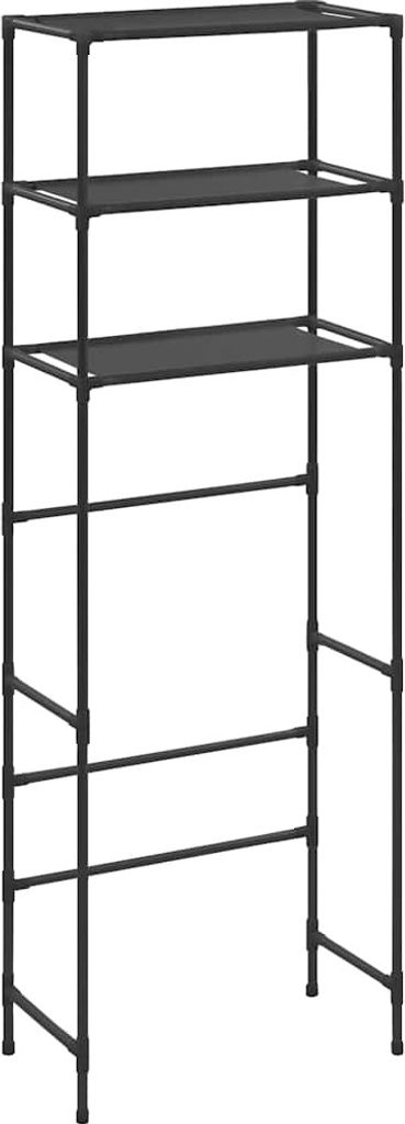 A black metal shelving unit with three shelves, designed to fit over a toilet.