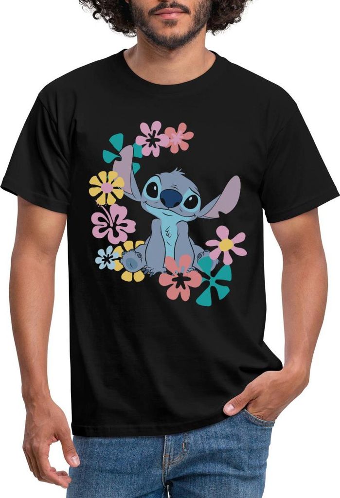 Lilo & Stitch | Stitch Mit Hawaiianischen Blumen Männer T-Shirt, S, Schwarz