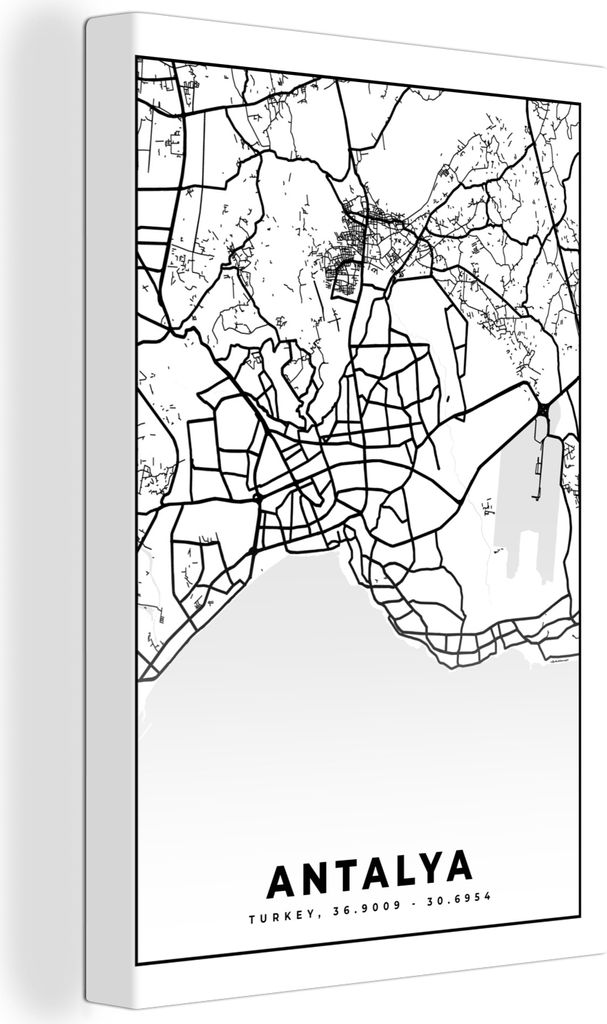 OneMillionCanvasses - Leinwandbilder - 90x140 cm, Antalya - Stadtplan - Schwarz und weiß - Karte, Wandbilder Kunstdruck Wanddekoration - Foto au...