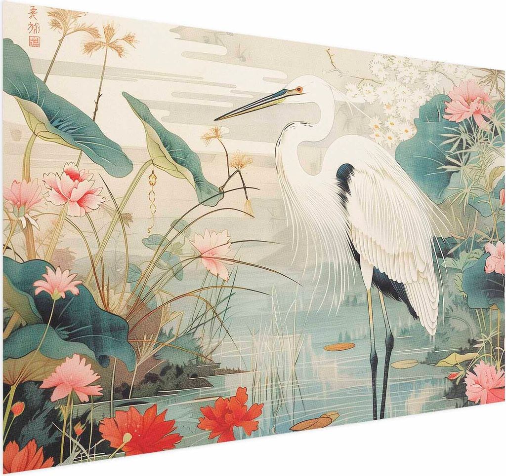 Posterpapier Poster - Over the Asian Pond - illustration in the Japanese print style featuring a heron 90x60 cm Tiere g-H-10110-ao-a