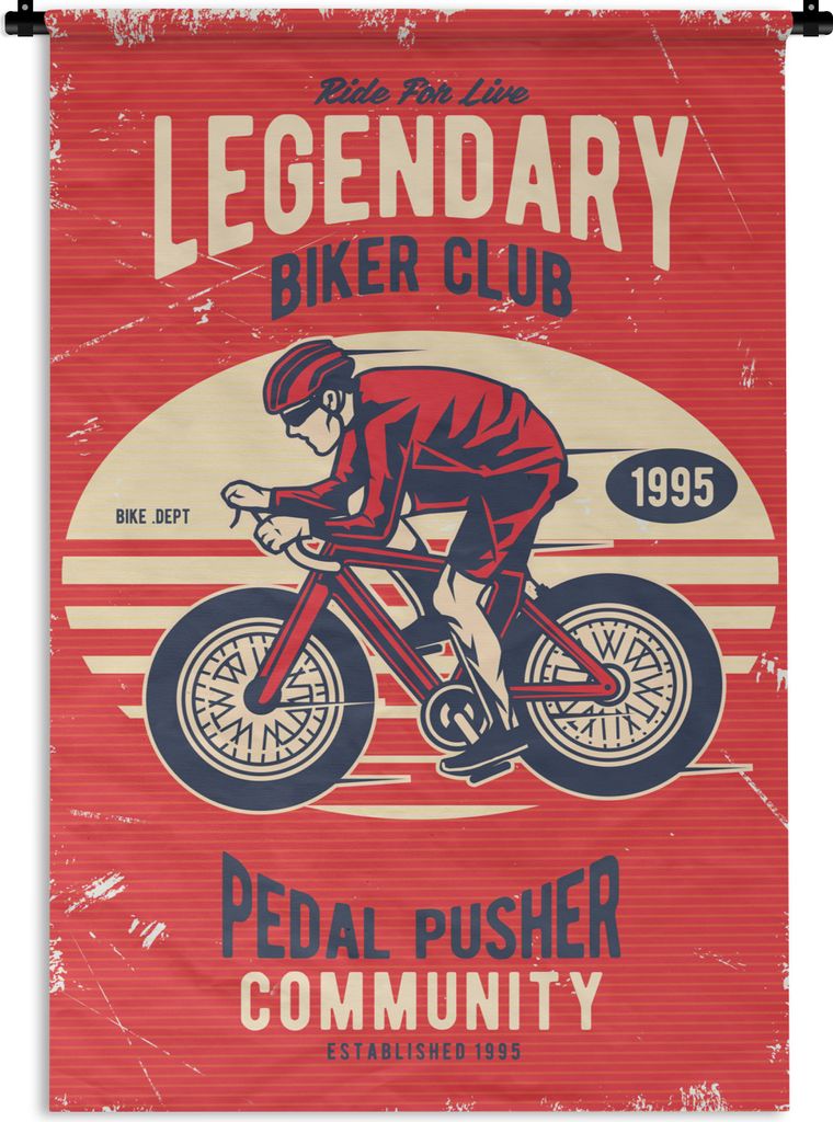 MuchoWow Wandteppich Wandbehang Fahrrad - Radfahrer - Helm - Vintage 60x90 cm Tapisserie Dekoration Wandtuch - Foto-Teppich - Abwaschbar