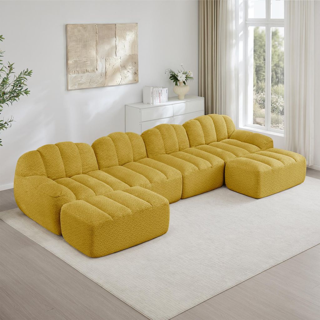 Modulares U-Form Sofa 4-Sitzer, 2 Ottomans, Muschelform, Boneless, 32D Hochdichtschaum, tiefe Sitzfläche, weicher Stoff, Wohnzimmer