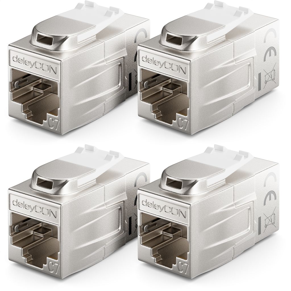 deleyCON 4 Stück CAT 7 Kupplung Keystone Metall 2x RJ45 Buchse Verbinder für RJ45 Patchkabel 600 MHz 10 Gbps LAN DSL Ethernet und Nutzbar als Key...