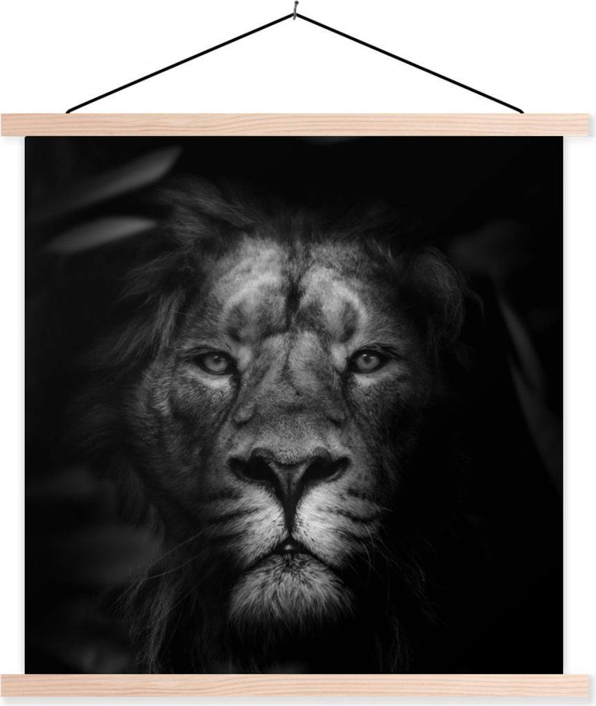MuchoWow Textilposter Tiere - Löwe - Wilde Tiere - Schwarz - Weiß 40x40 cm mit holzfarbenen Rahmen - Posterleiste