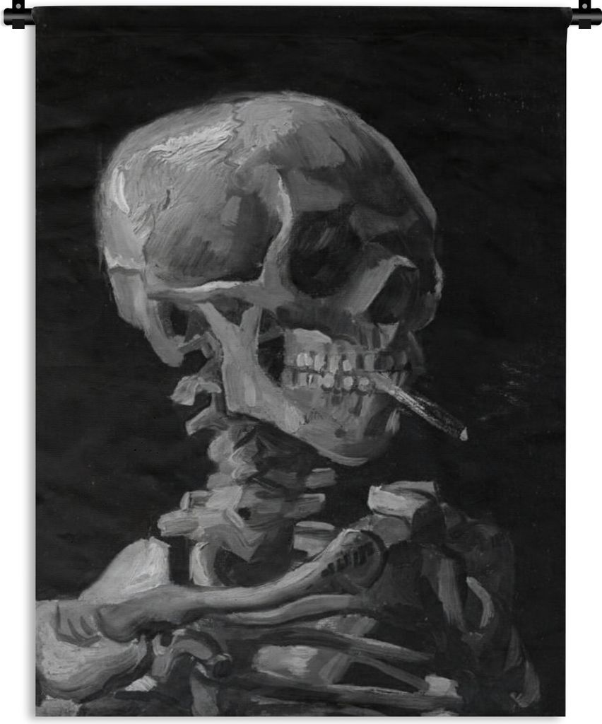 MuchoWow Wandteppich Wandbehang Kopf eines Skeletts mit brennender Zigarette - Gemälde von Vincent van Gogh - schwarz-weiß 90x120 cm Tapisserie...