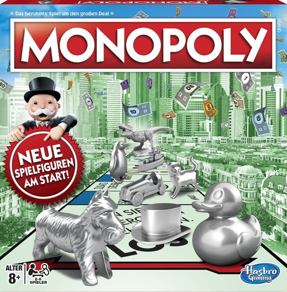 The cover of a Monopoly board game box, featuring the game's iconic characters and tokens against a city skyline.
