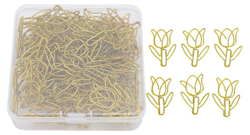 80 Stück blumenförmige Büroklammern, Mini-Lesezeichenklammern in verschiedenen Farben, Großpackung mit transparenter Box, Schulbedarf, Gold