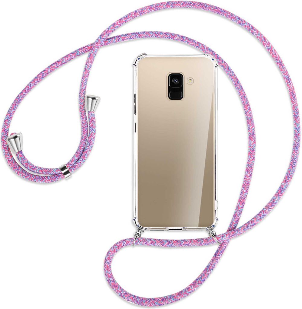 Handykette Backcover-Schutzhülle mit Band (Metall silberfarben) für Samsung Galaxy A8 2018 - lila/rosa/blau