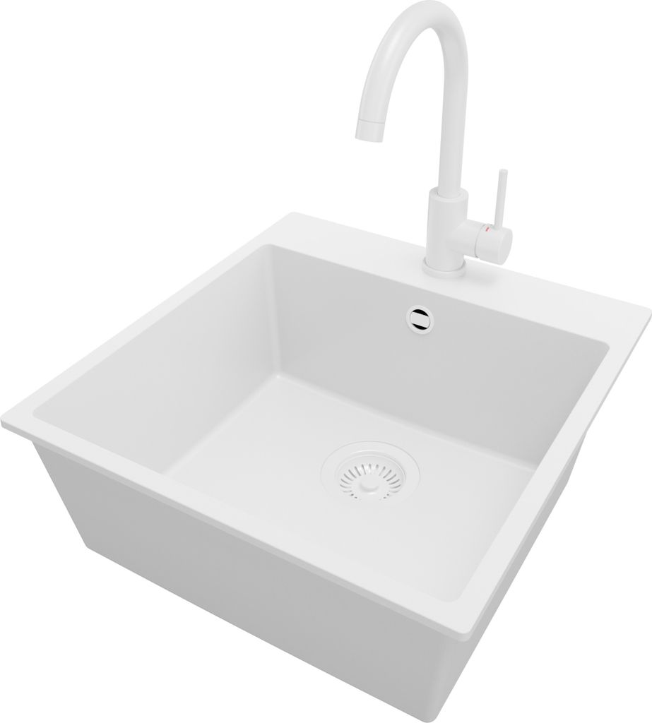 PRIMAGRAN Granitspüle Alles Weiß 48x50cm, Spülbecken 1 Becken + Küchenarmatur 32x20cm + Ablauf-Set, Küchenspüle ab 50er Unterschrank - Riga
