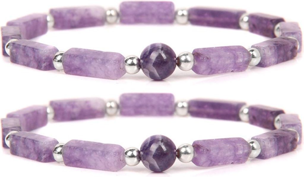Two identical amethyst bracelets are displayed side-by-side against a white background.