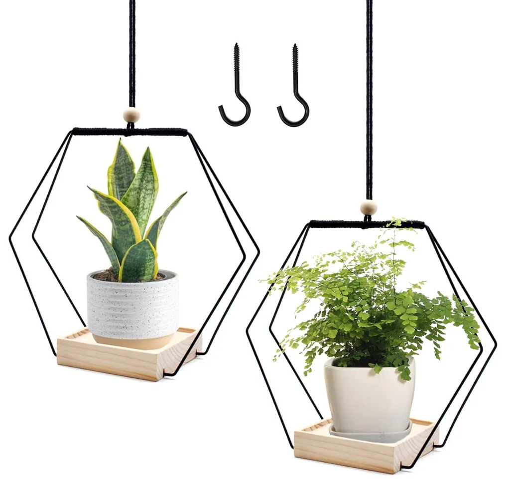 Lot de 2 jardinières suspendues anneau métal et socle bois avec crochets