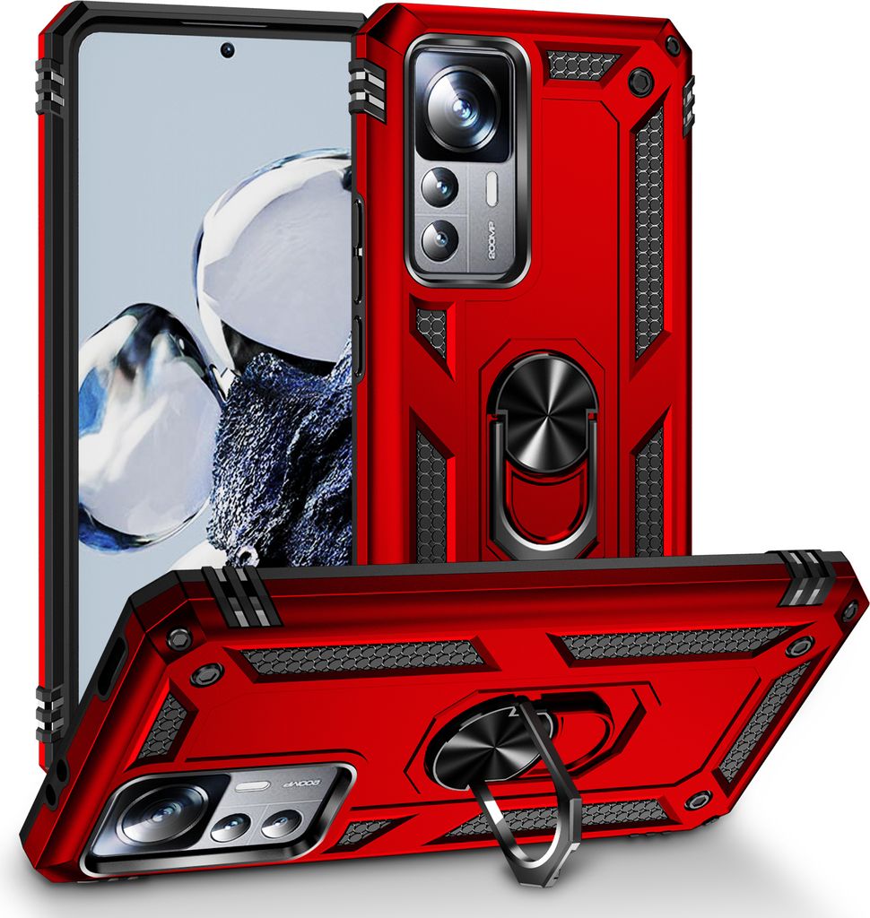 Xiaomi 12T Pro Hülle, Schiebe Kamera Schutz Schutzhülle mit Ringhalterung Ständer Kartenhalter für Xiaomi 12T/12T Pro/Redmi K50 Ultra Rot