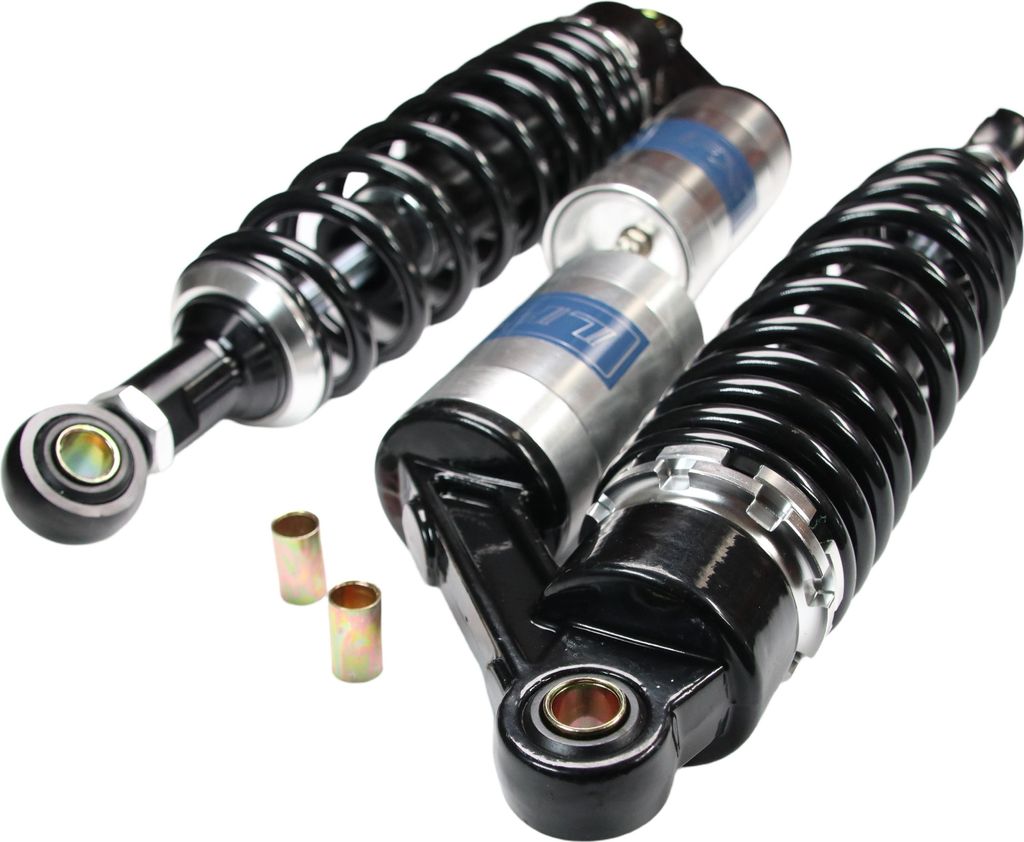 Tuning-Federbeine Maxtuned 325-355mm, mit externen Ausgleichsbehälter, schwarz / silber für Simson S50, S51, S70 Stoßdämpfer