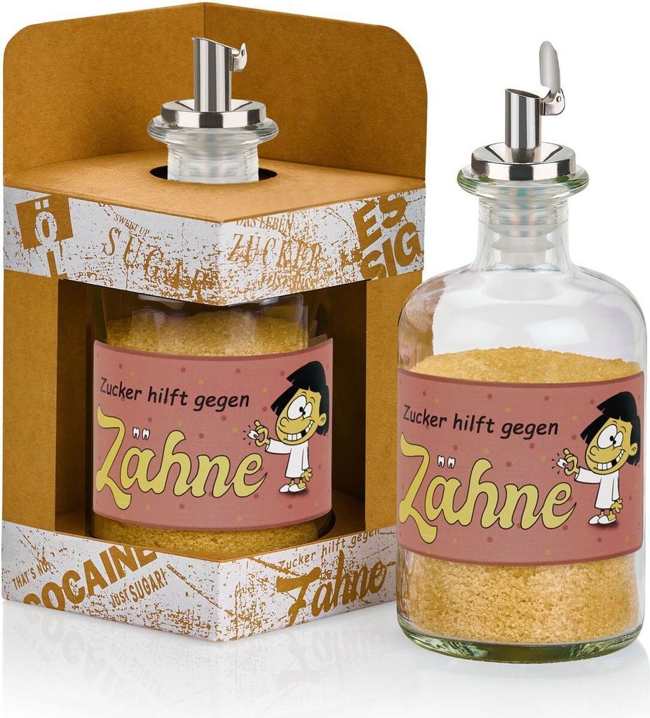 Zuckerstreuer aus Glas ZUCKER HILFT GEGEN ZÄHNE mit Geschenkbox Zucker & Edelstahl Ausgiesser gefüllt Altrosé / Zuckerbraun