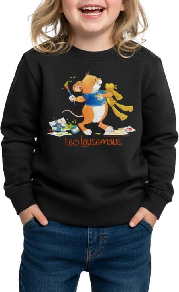 Spreadshirt Leo Lausemaus Malen mit Teddy Kinder/Teenager Premium Pullover, 110/116 (4 Jahre), Schwarz