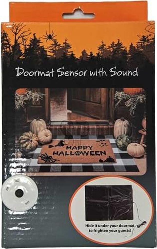 The image shows the packaging for a Halloween doormat sensor with sound. The packaging features a spooky forest scene with a spider, pumpkins, and a doormat with "Happy Halloween" written on it. It also includes an inset image showing how to hide the senso