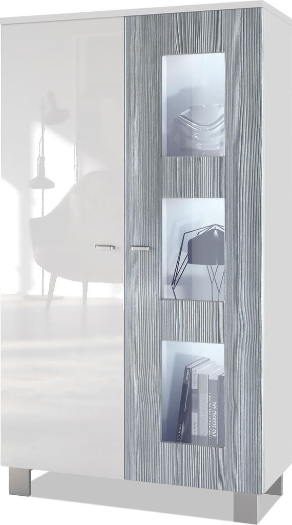 Vladon Vitrine Denjo, Germany, Standvitrine mit 2 Türen und 3 Glaseinsätzen, Weiß matt/ Weiß Hochglanz Avola-Anthrazit, inkl. LED-Beleuchtung ...