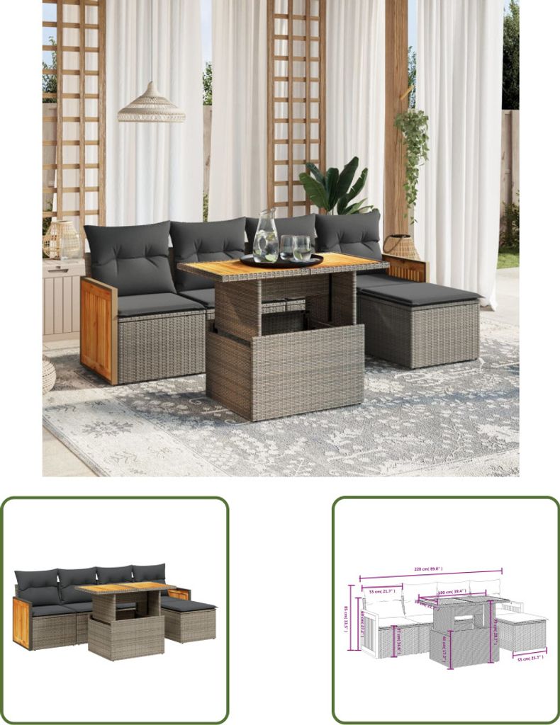 The Living Store 6-tlg. Garten-Sofagarnitur mit Kissen Grau Poly Rattan