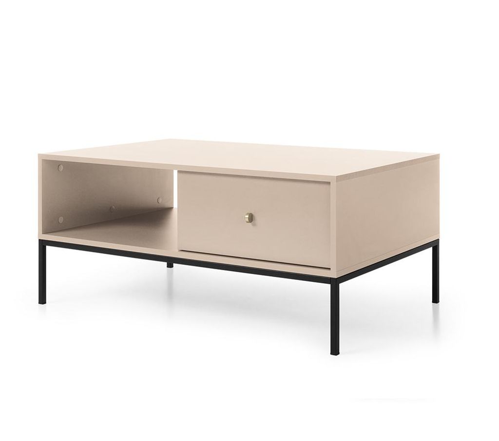 BETTSO Couchtisch MOLLY Beige mit schwarzem Metallgestell, 2 Schubladen, 104x68x46 cm