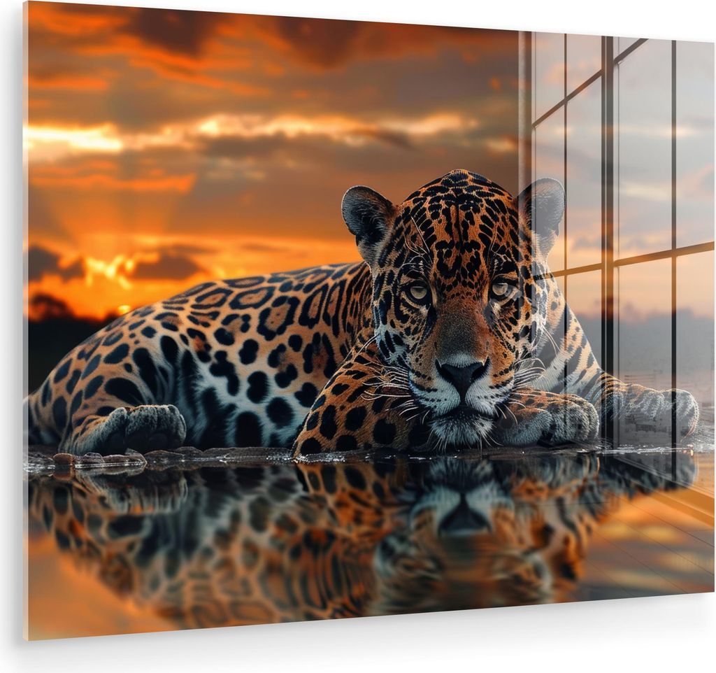 MuchoWow Glasbilder - Bilder auf Wandbild - Foto auf Glas Natur - Leopard - Tier - Sonnenuntergang - Modern 40x30 cm Wanddekoration aus Glas - Acry...