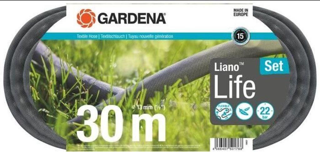 GARDENA Liano Life Schlauch-Set 30m, 22 bar Druckfestigkeit, 30 m Länge, Ø 13 mm, inkl. Reinigungsbrause 18300
