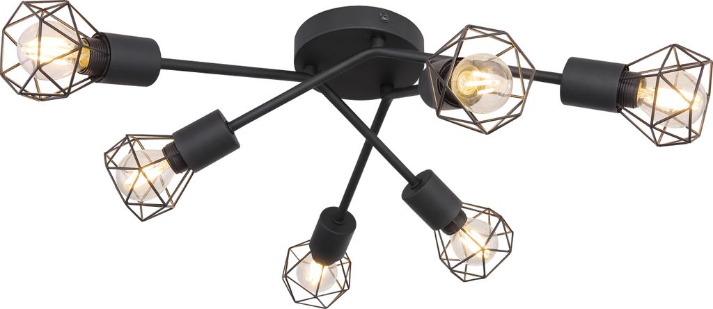 A black, multi-arm ceiling light fixture with six exposed Edison-style bulbs, each encased in a geometric wire cage.