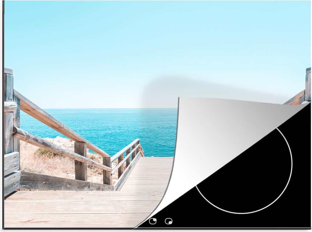 KitchenYeah Herdabdeckplatte Meer - Treppe - Portugal , 60x52cm, Küche Deko, Glaskeramikfeld Herdabdeckung, Abdeckplatte fùr Kochfeld