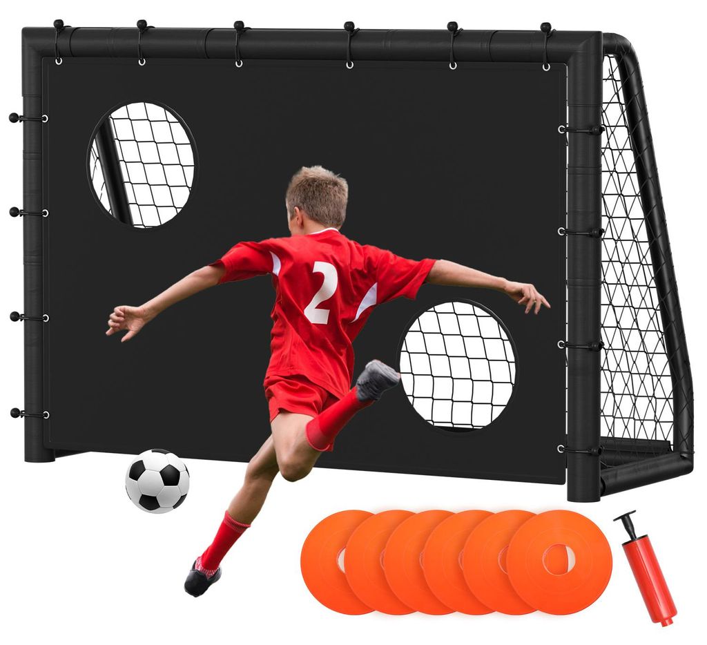 Ikodm Fußballtor 180 x 120 x 60 cm – Kinder Fußballtor mit Torwand & Netz, stabiles Metalltor für Garten & Indoor, Schwarz