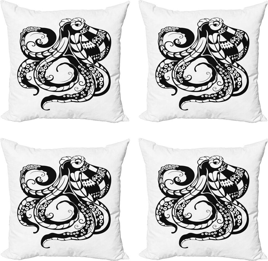 ABAKUHAUS Tintenfisch Kissenbezug Set (4 Stück), Zier Seetier Bild, Moderner Doppelseitiger Digitaldruck, 60 cm x 60 cm, Weiß und Dunkelgrau