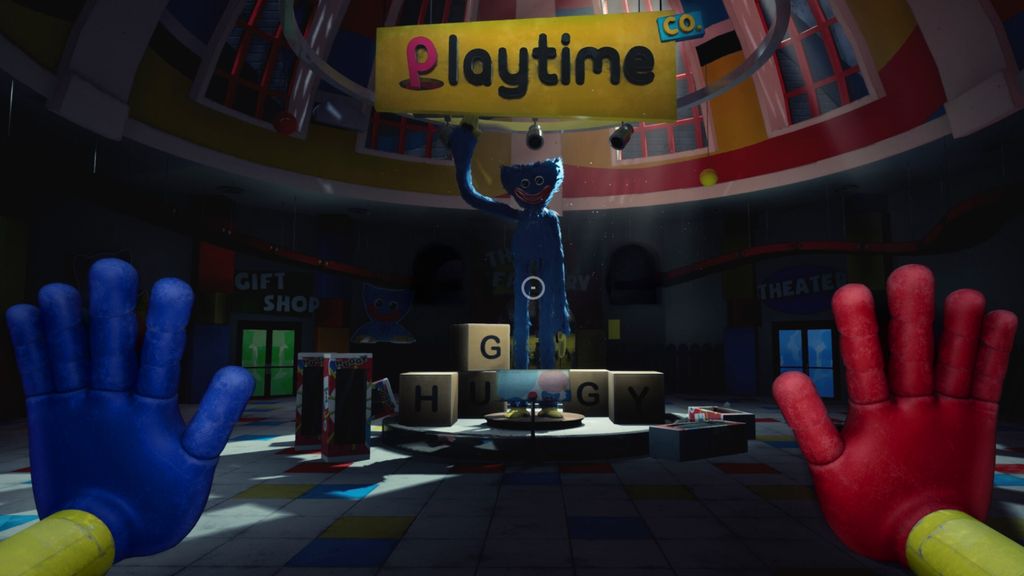 A first-person perspective of a room with a large blue toy character in the center, holding a sign that says "Playtime". There are also large letter blocks spelling "HUGGY".