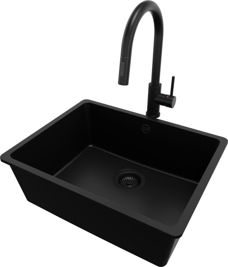 PRIMAGRAN Unterbauspüle Granit Alles Schwarz 56x44cm, Spülbecken 1 Becken + Küchenarmatur 40x20cm + Ablauf-Set, Granitspüle ab 60er Unterschran...