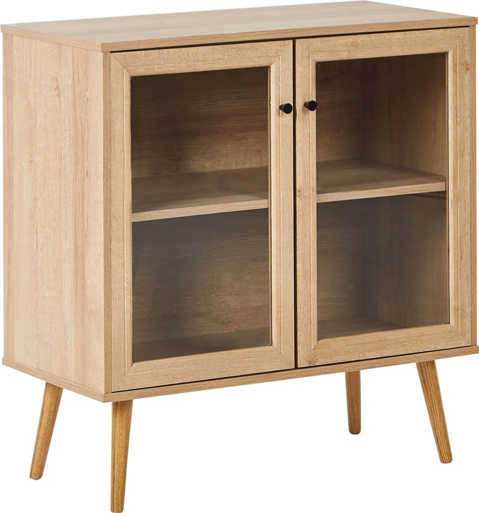 BELIANI Sideboard mit 2 Türen Hellbraun Spanplatte Kiefernholzbeine 1 Regalboden mit einer Glasscheibe Minimalistischer Stil