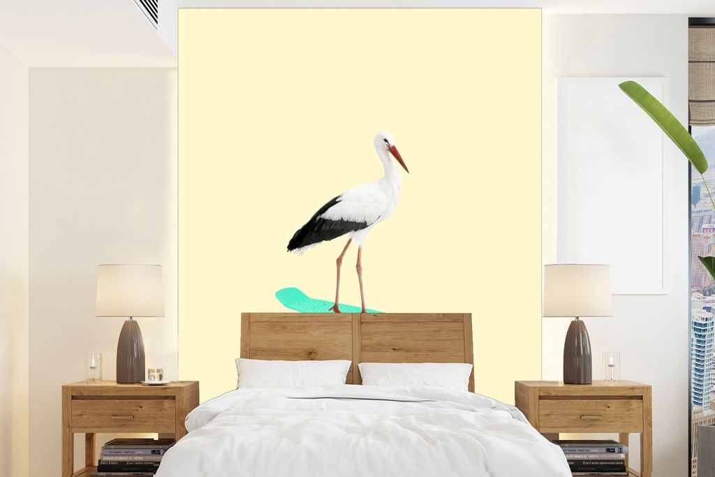 MuchoWow Fototapete für Wohnzimmer oder Schlafzimmer Wandtapete Vinyl Motivtapete Storch - Weiß - Tiere - Skateboard - Schwarz - 175x240 cm - S...