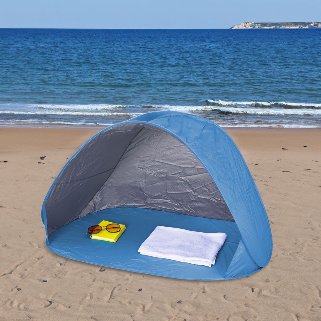 High Peak Palma Pop-Up Strandmuschel – Blau/grau, UV40, Mit Sandtaschen, 130x100x110 Cm