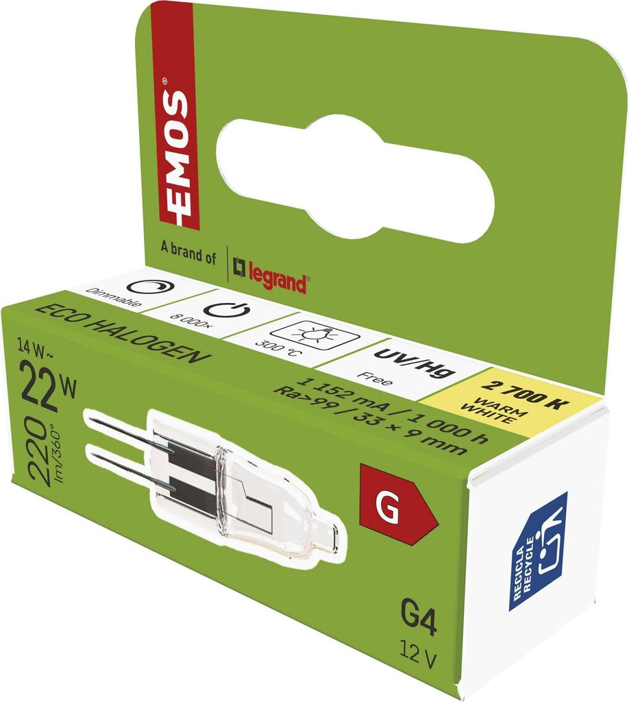 EMOS Dimmbare Halogenlampe 14W, Ersatz für 22W Birne, 2 Pin Halogen G4-Stiftsockellampe 12 V, 220lm, Warmweiß 2700K, Farbwiedergabe CRI 99,9, ZE0...