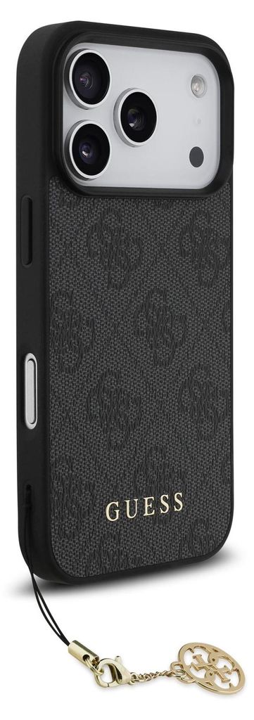 A black GUESS phone case with a patterned design and a gold charm attached to a lanyard.